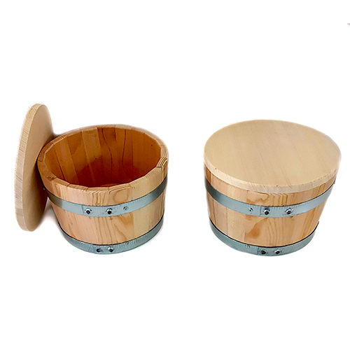 Barrel cut in half with a lid for use in feta cheese, pickles, olives or spices