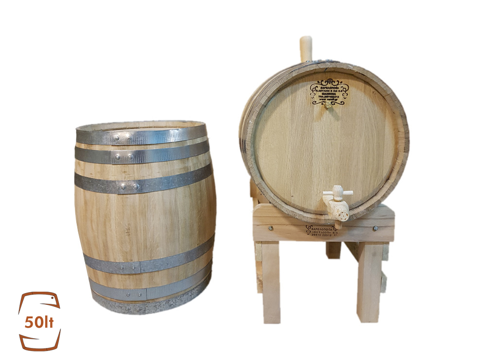 Ξύλινα Βαρέλια Σούλιος, Βαρέλι δρύινο 50 λίτρων για κρασί, για τσίπουρο και για ξύδι. Διαστάσεις 52x38.